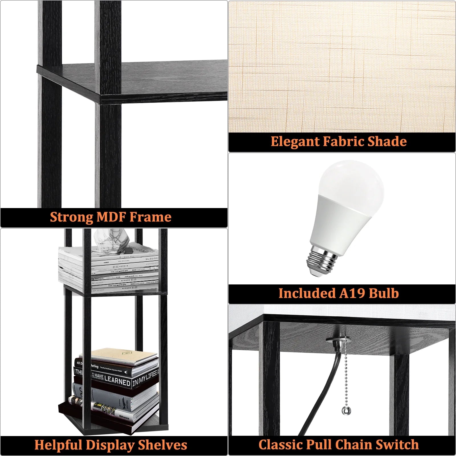 Stylish 63" Shelf Floor Lamp with Adjustable Lighting and Storage for Your Living Room, Bedroom, or Office - Modern Black Design