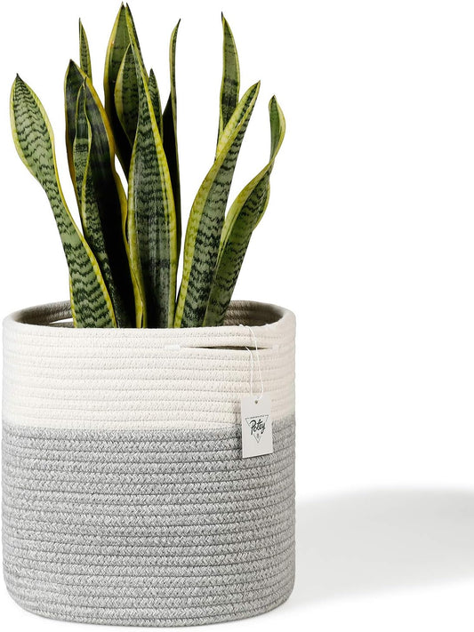 Chic White Grey Striped Cotton Rope Plant Basket - Ideal for 10" Indoor Flower Pots & Stylish Home Storage Solution - 11" x 11"