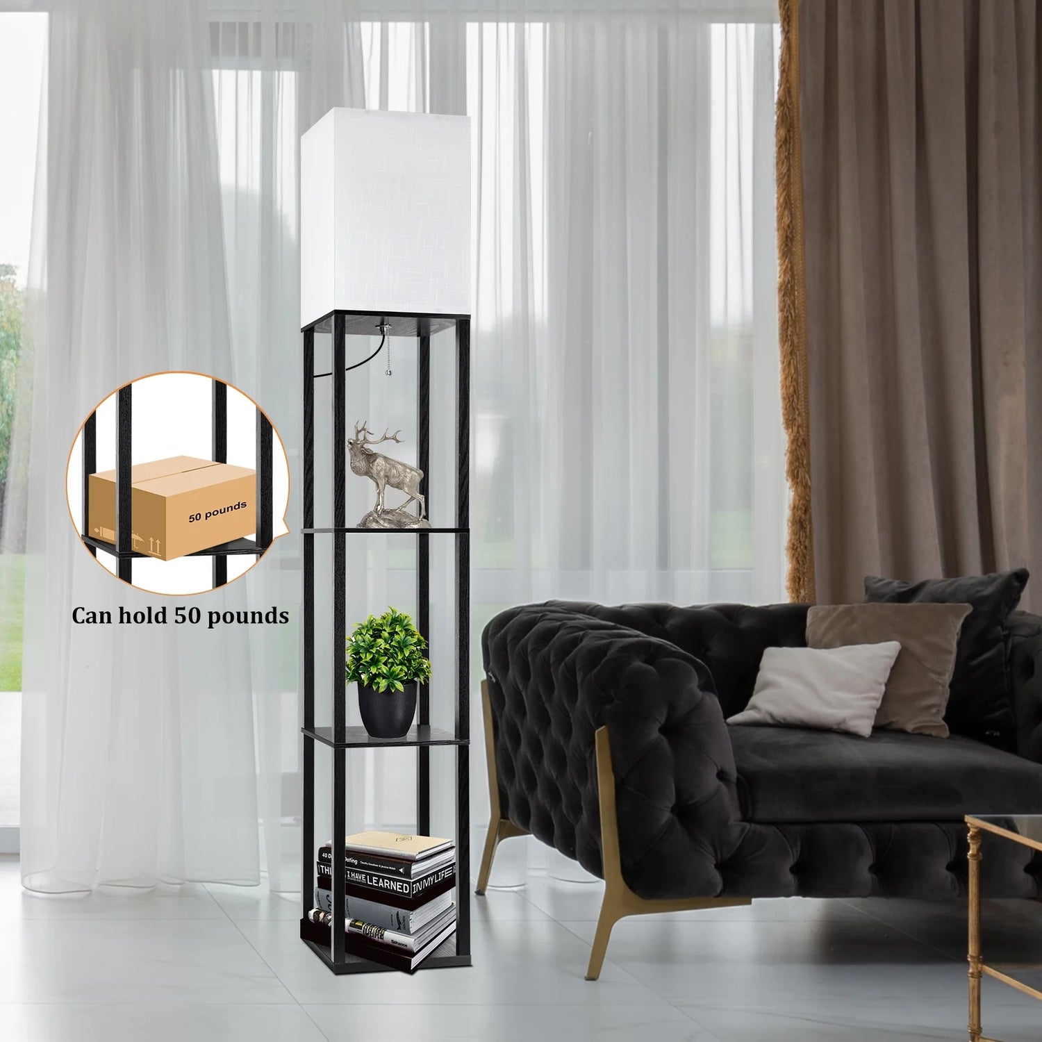 Stylish 63" Shelf Floor Lamp with Adjustable Lighting and Storage for Your Living Room, Bedroom, or Office - Modern Black Design