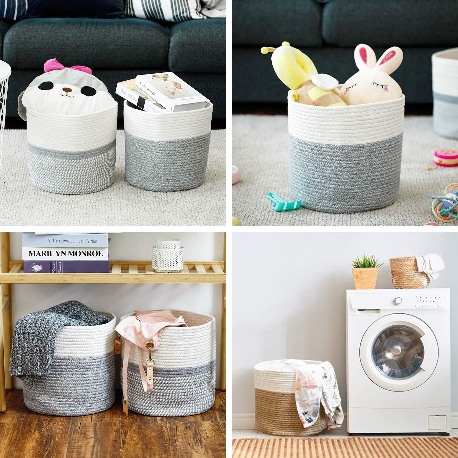 Chic White Grey Striped Cotton Rope Plant Basket - Ideal for 10" Indoor Flower Pots & Stylish Home Storage Solution - 11" x 11"