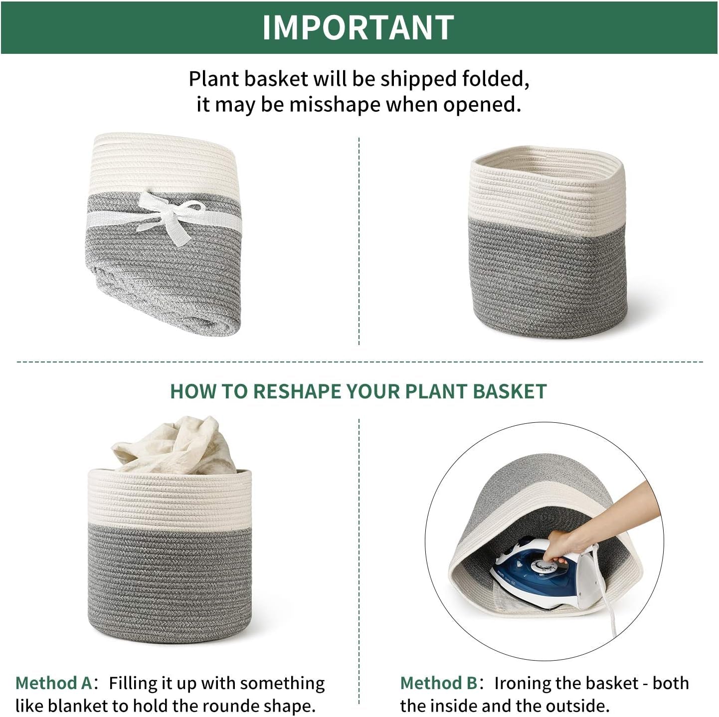 Chic White Grey Striped Cotton Rope Plant Basket - Ideal for 10" Indoor Flower Pots & Stylish Home Storage Solution - 11" x 11"