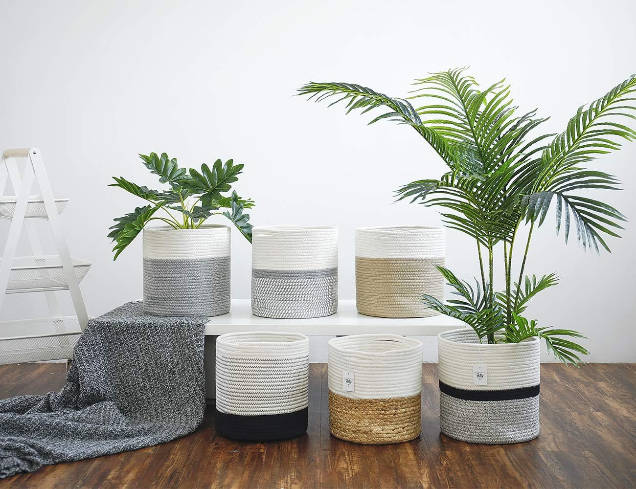 Chic White Grey Striped Cotton Rope Plant Basket - Ideal for 10" Indoor Flower Pots & Stylish Home Storage Solution - 11" x 11"