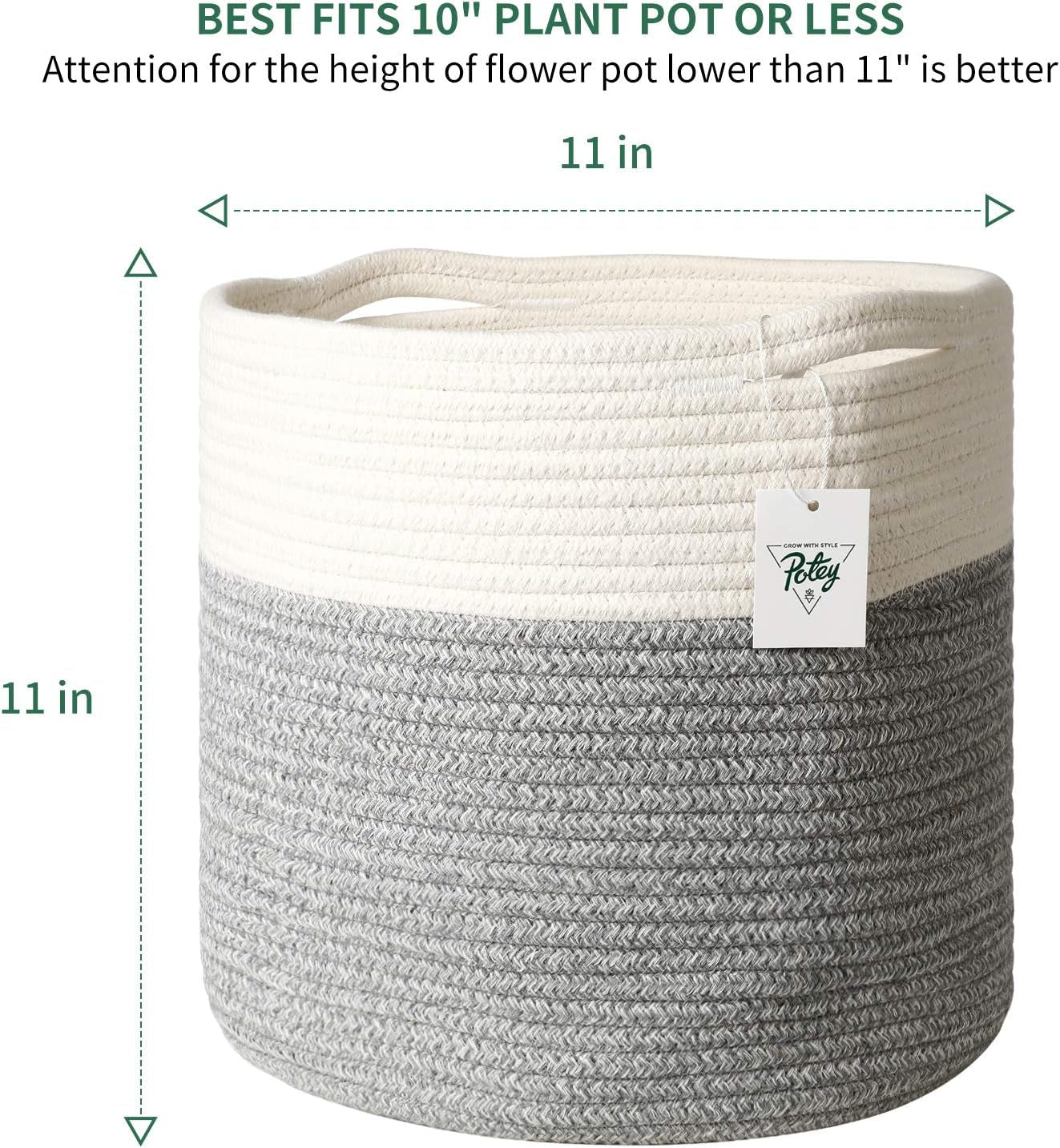 Chic White Grey Striped Cotton Rope Plant Basket - Ideal for 10" Indoor Flower Pots & Stylish Home Storage Solution - 11" x 11"