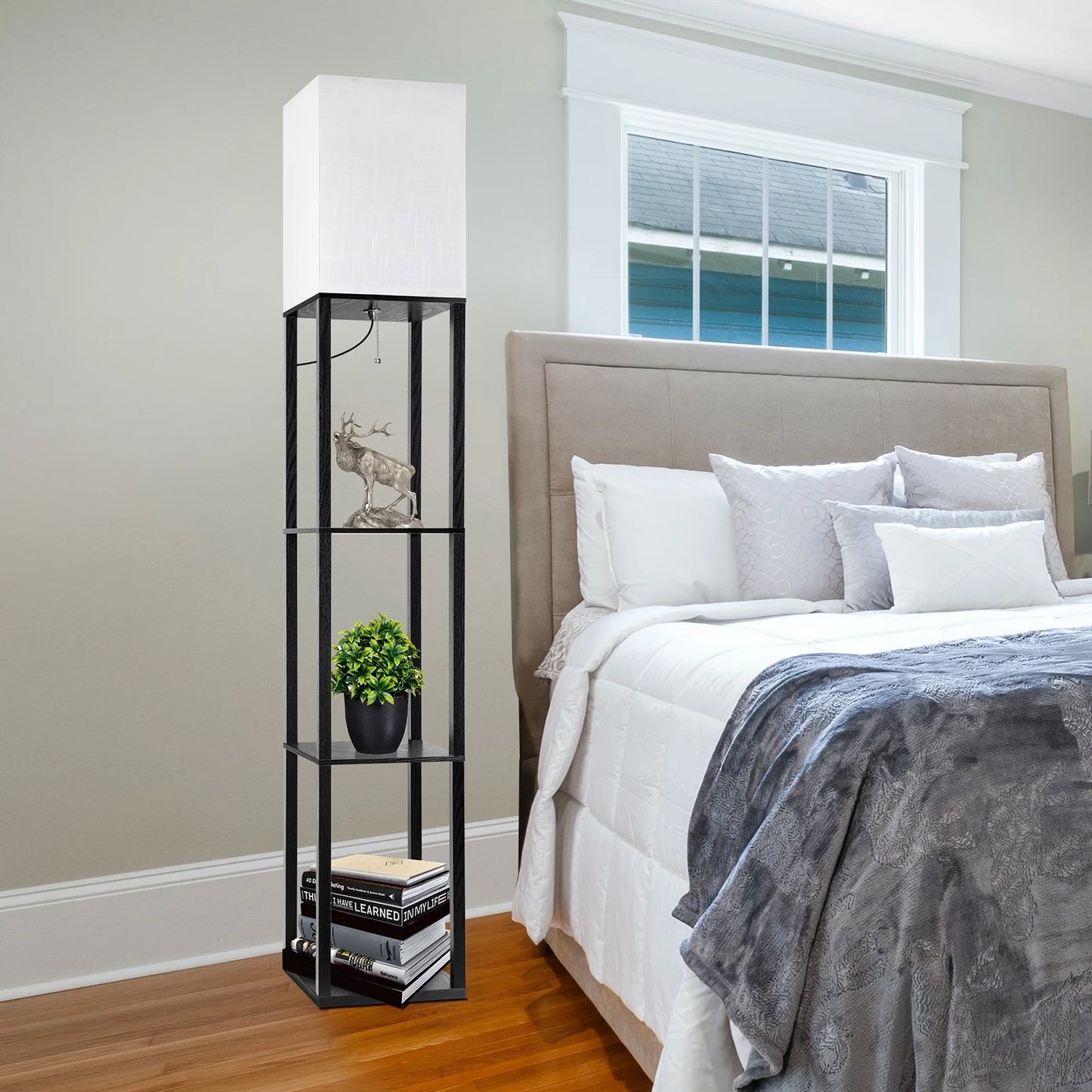 Stylish 63" Shelf Floor Lamp with Adjustable Lighting and Storage for Your Living Room, Bedroom, or Office - Modern Black Design