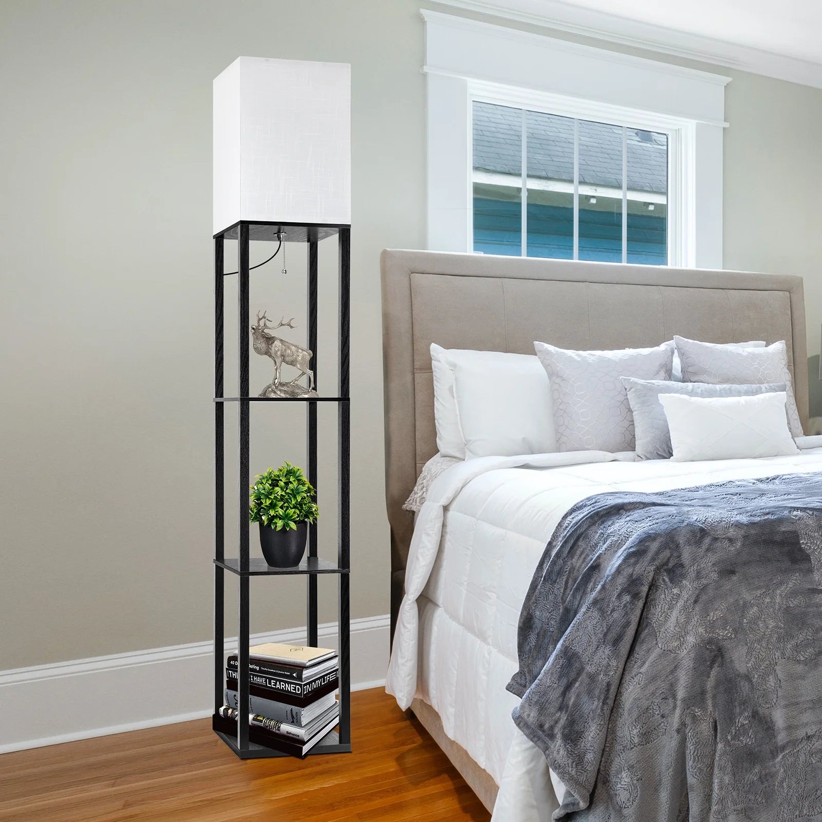 Stylish 63" Shelf Floor Lamp with Adjustable Lighting and Storage for Your Living Room, Bedroom, or Office - Modern Black Design