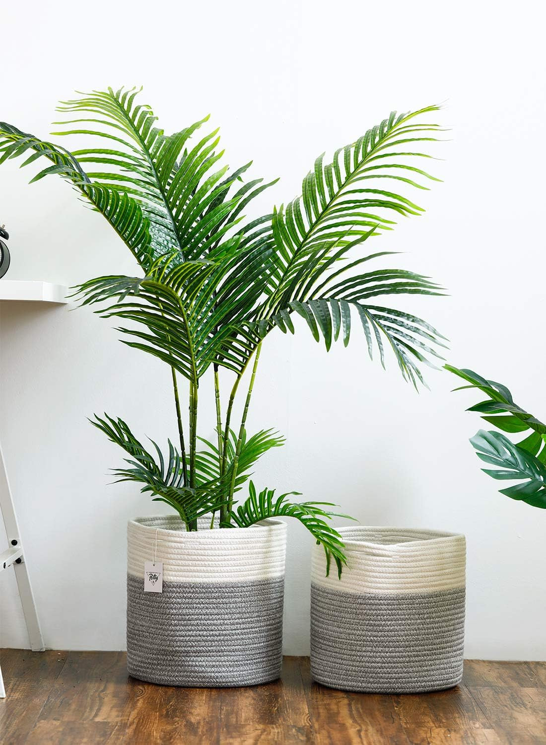 Chic White Grey Striped Cotton Rope Plant Basket - Ideal for 10" Indoor Flower Pots & Stylish Home Storage Solution - 11" x 11"