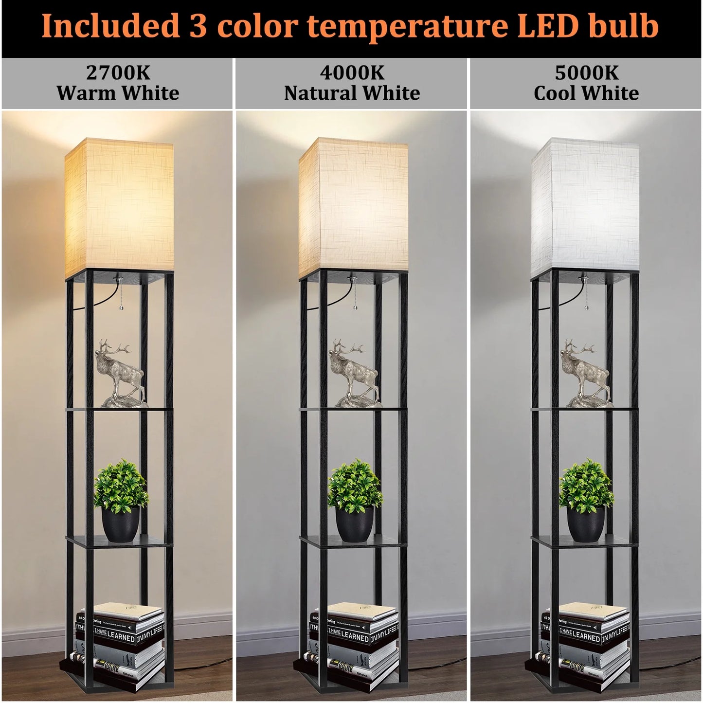 Stylish 63" Shelf Floor Lamp with Adjustable Lighting and Storage for Your Living Room, Bedroom, or Office - Modern Black Design