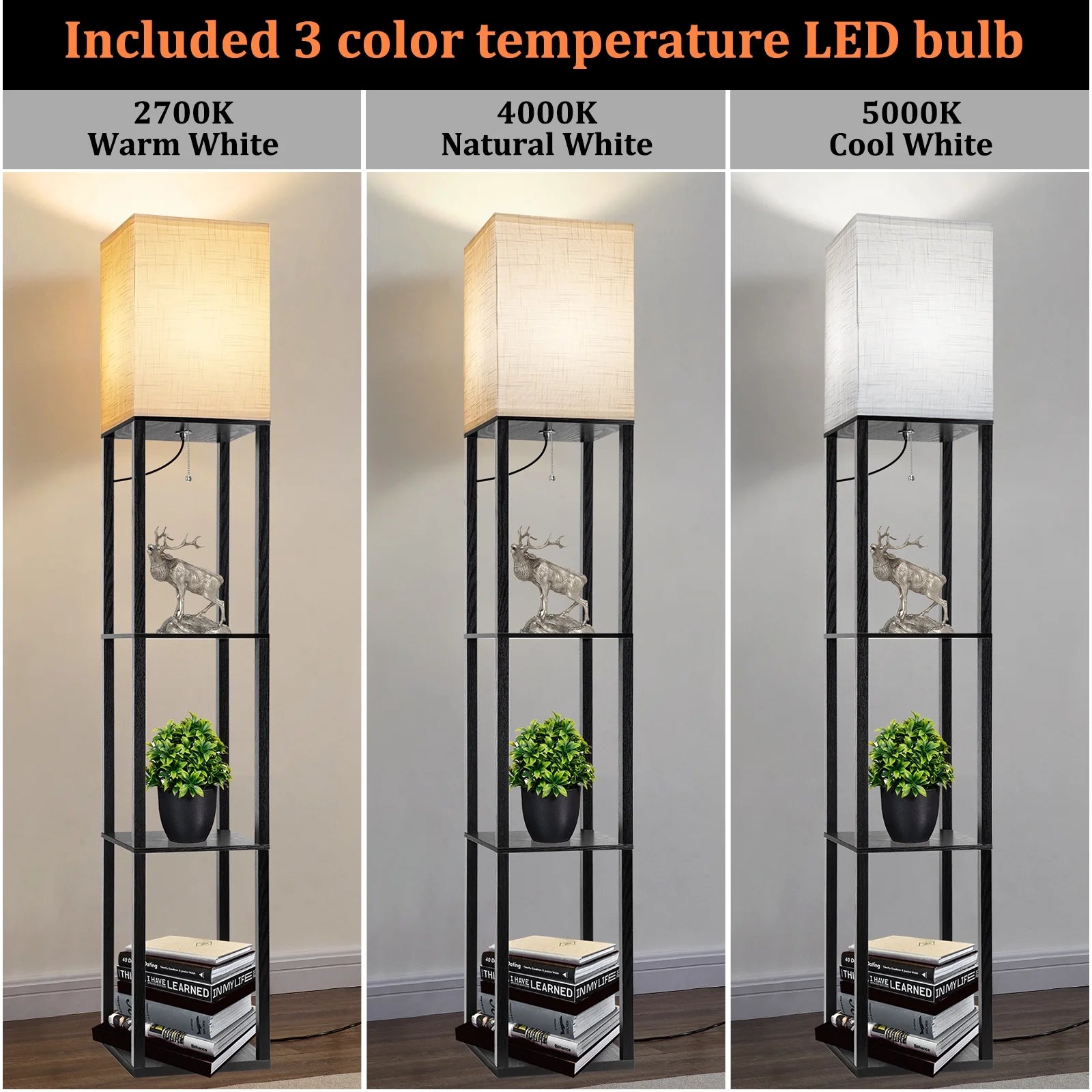 Stylish 63" Shelf Floor Lamp with Adjustable Lighting and Storage for Your Living Room, Bedroom, or Office - Modern Black Design