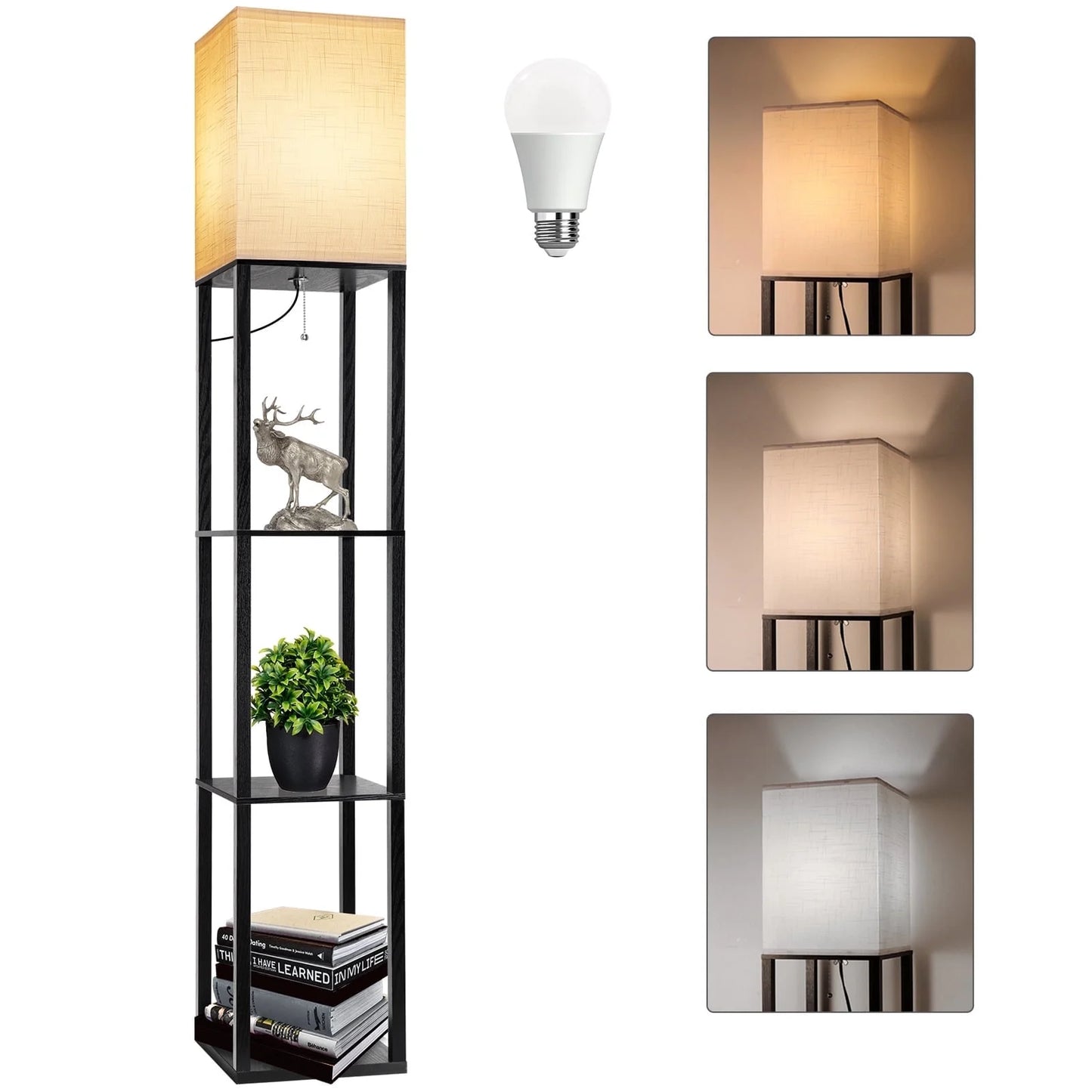 Stylish 63" Shelf Floor Lamp with Adjustable Lighting and Storage for Your Living Room, Bedroom, or Office - Modern Black Design
