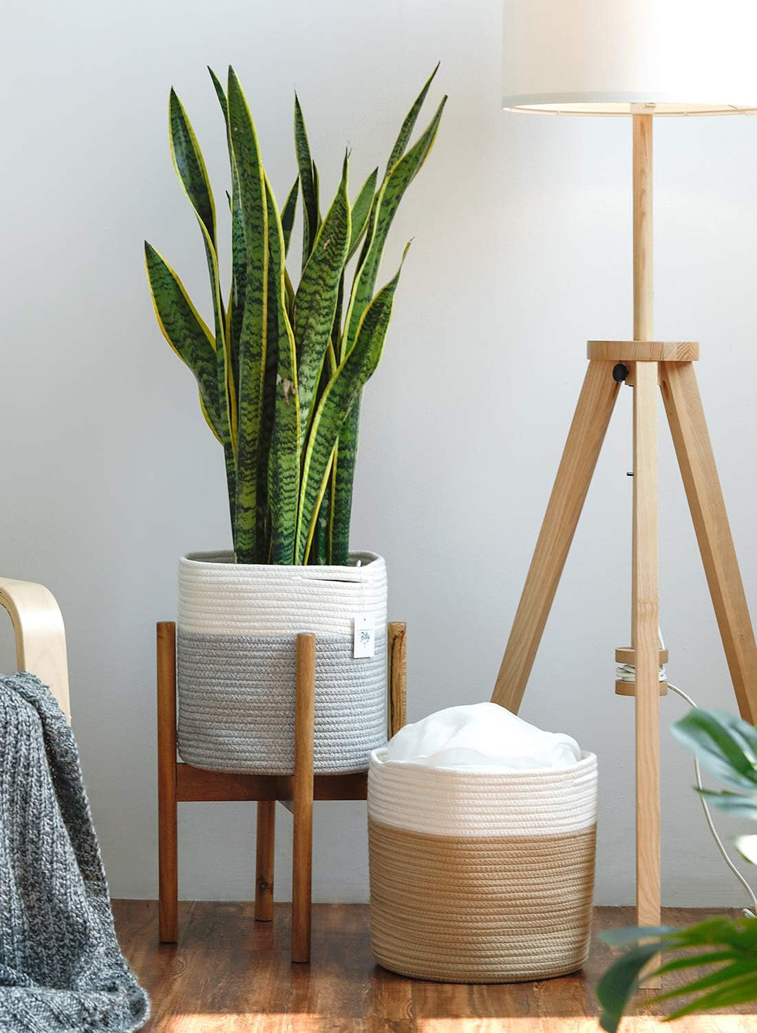 Chic White Grey Striped Cotton Rope Plant Basket - Ideal for 10" Indoor Flower Pots & Stylish Home Storage Solution - 11" x 11"