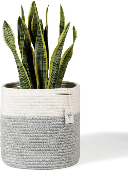 Chic White Grey Striped Cotton Rope Plant Basket - Ideal for 10" Indoor Flower Pots & Stylish Home Storage Solution - 11" x 11"