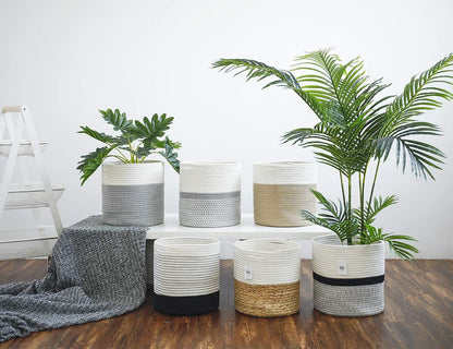 Chic White Grey Striped Cotton Rope Plant Basket - Ideal for 10" Indoor Flower Pots & Stylish Home Storage Solution - 11" x 11"