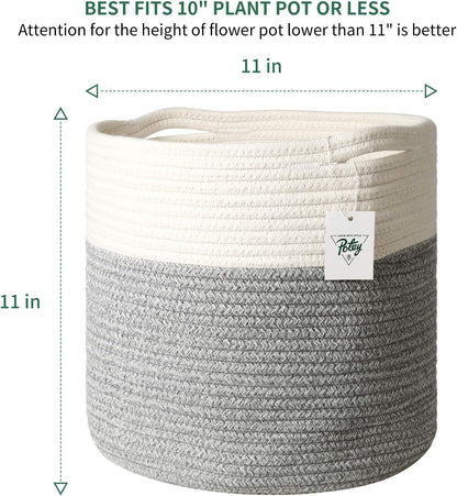 Chic White Grey Striped Cotton Rope Plant Basket - Ideal for 10" Indoor Flower Pots & Stylish Home Storage Solution - 11" x 11"